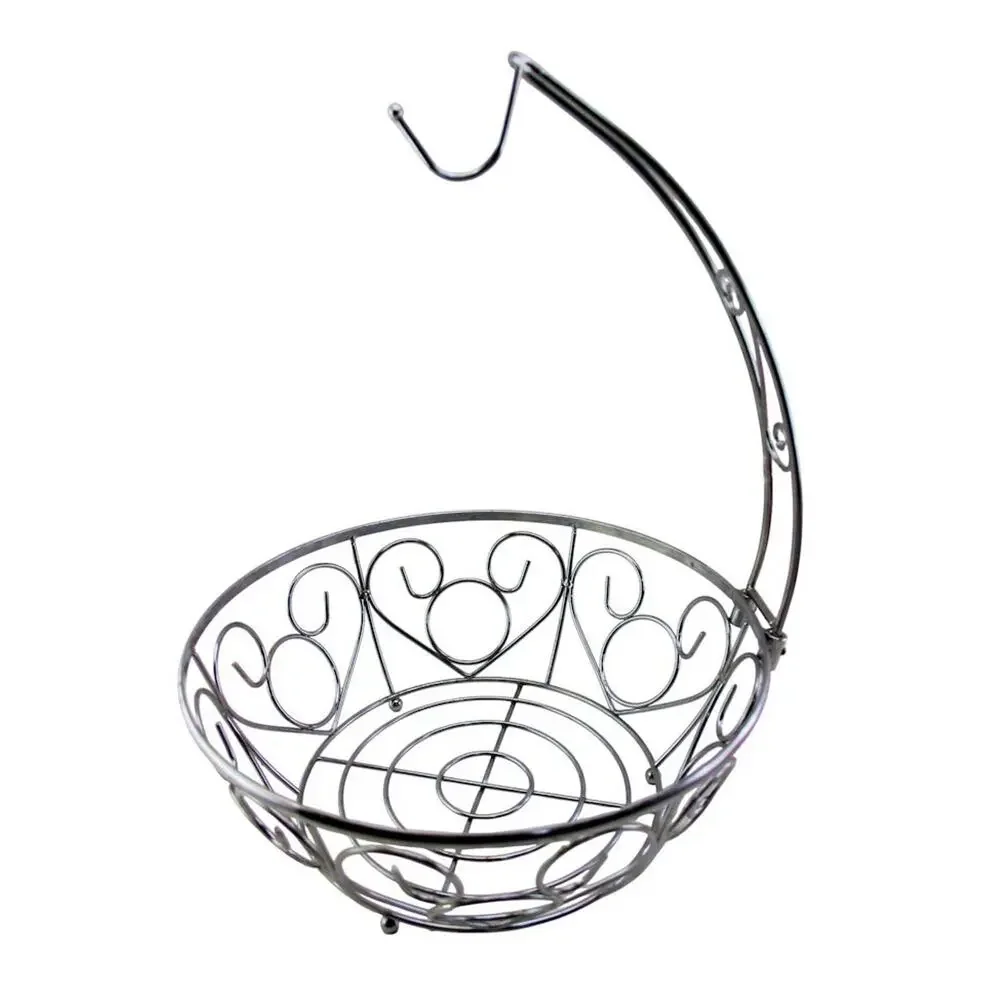 Premium Heavy-Duty Metal Fruit Bowl Basket with Banana Hanger • Chrome Finish